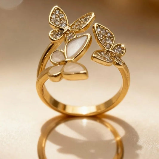 Gold Plated Butterfly Adjustable Ring with Mother of Pearl & Zirconia