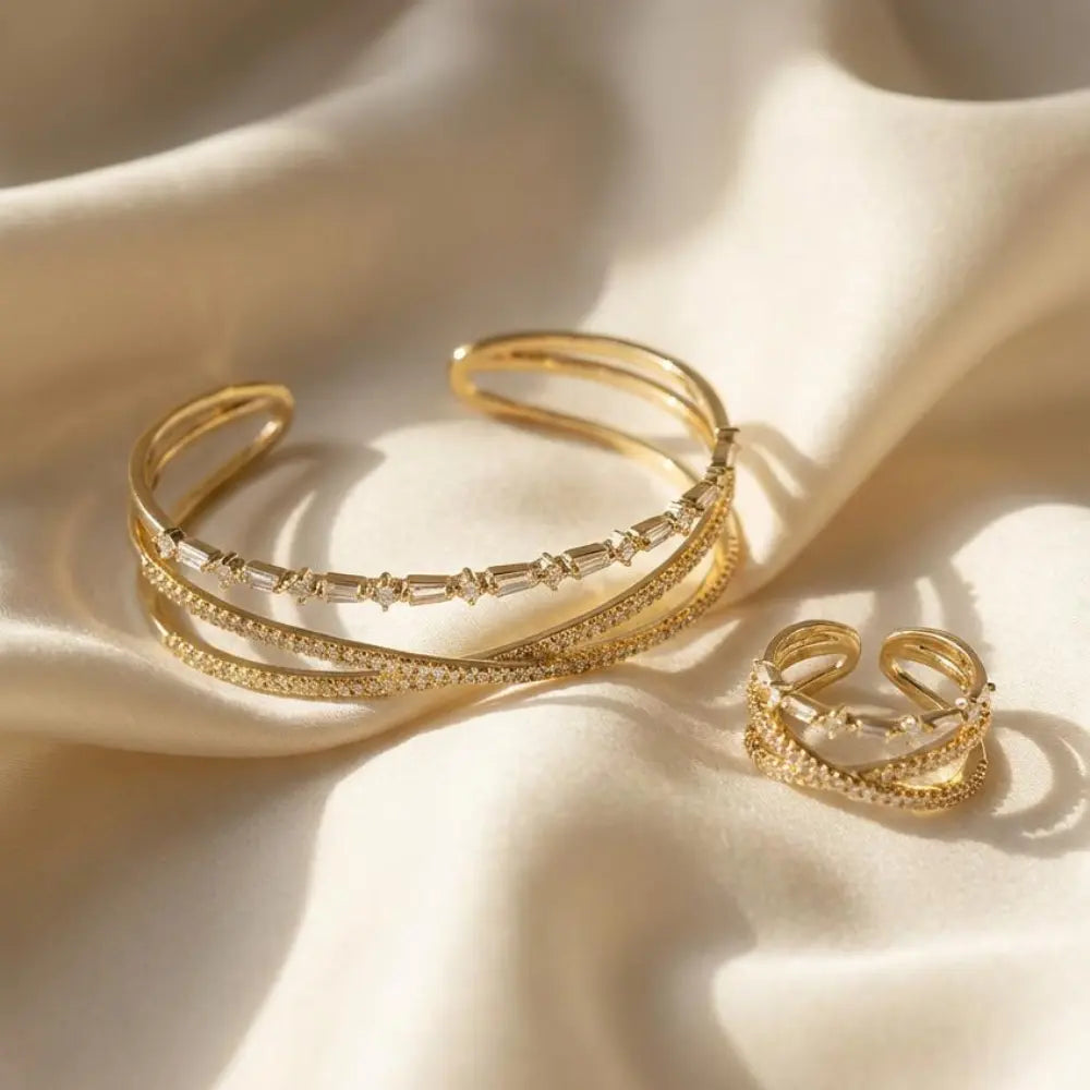 Gold Plated Criss-Cross Baguette Bracelet and Ring Set