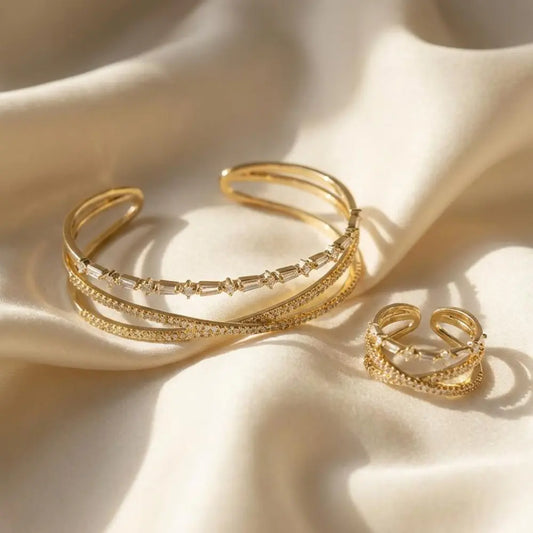 Gold Plated Criss-Cross Baguette Bracelet and Ring Set
