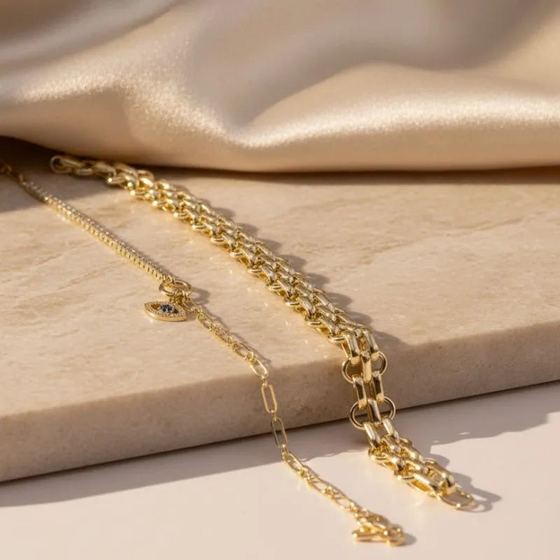 Gold Plated Evil Eye & Bold Link Layered Bracelet Bundle