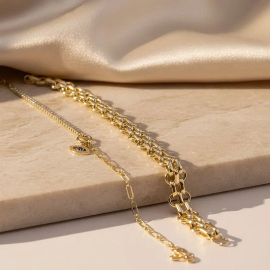 Gold Plated Evil Eye & Bold Link Layered Bracelet Bundle