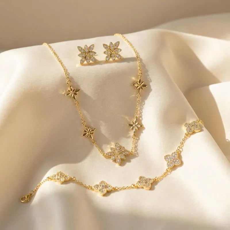 Gold Plated Floral Crystal Clover Jewelry Bundle
