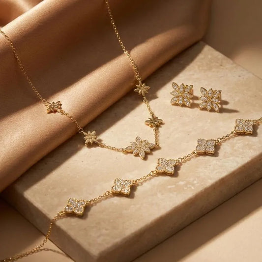 Gold Plated Floral Crystal Clover Jewelry Bundle