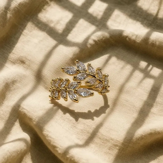 Gold Plated Leaf Cuff Ring Adjustable with zirconia