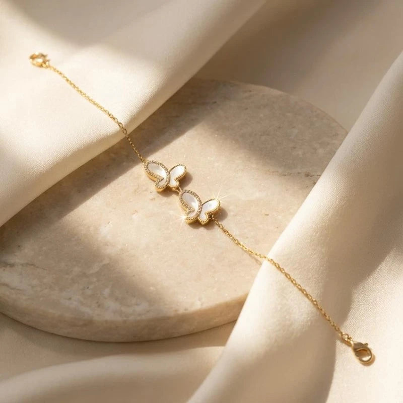 Gold Plated Mother Of Pearl Butterfly Bracelet