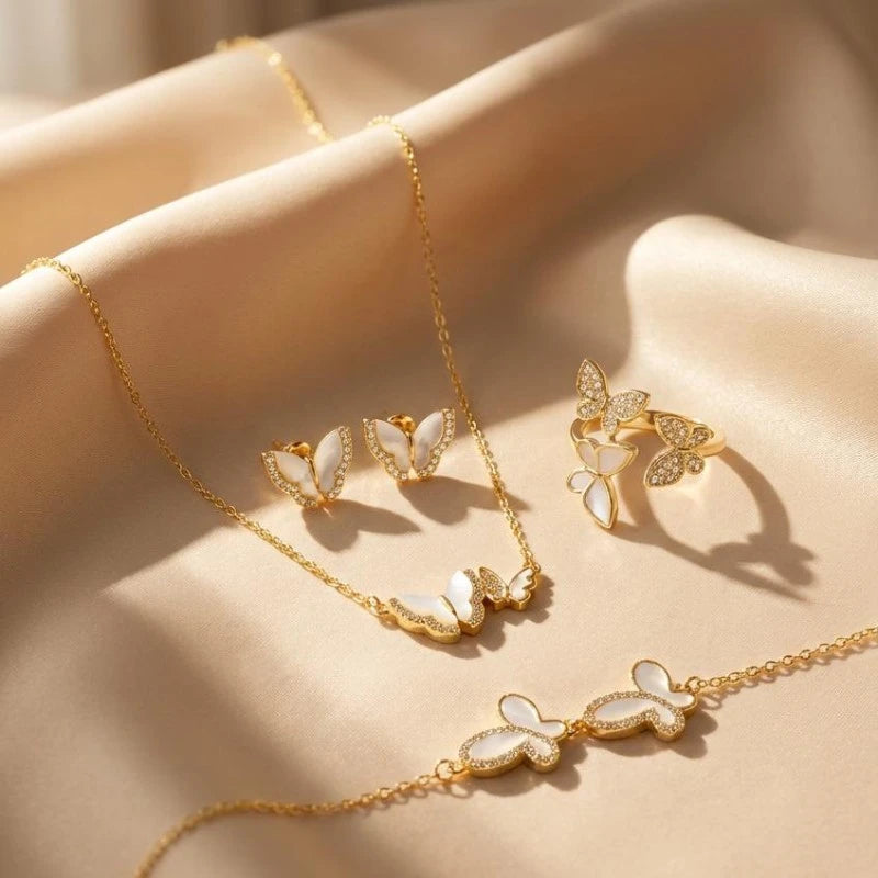 Gold Plated Mother of Pearl Butterfly Jewelry Bundle
