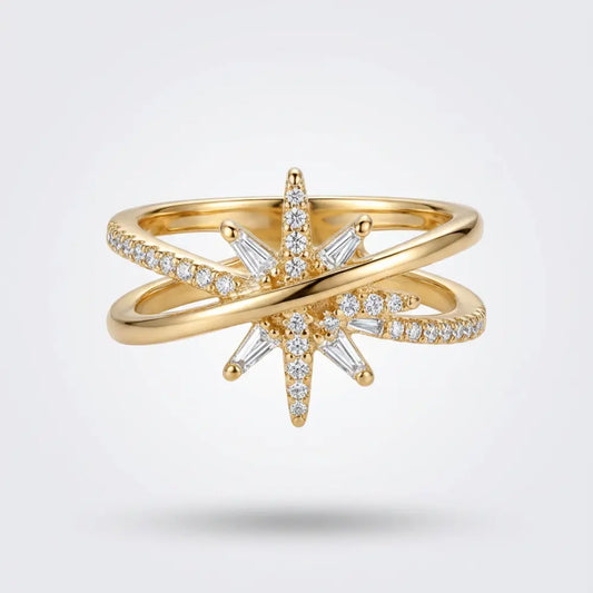 Gold Plated North Star Cross-over Ring on a light gray background