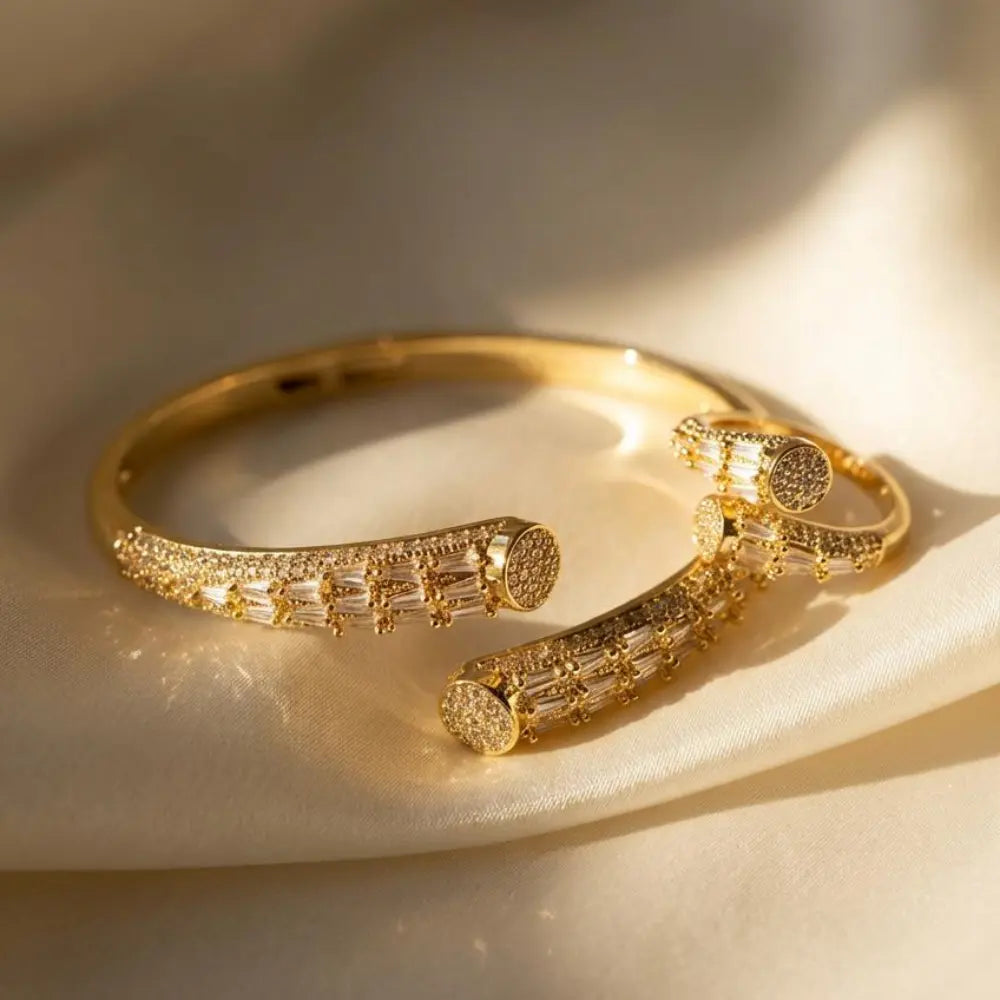 Gold Plated Crystal Baguette Cuff Bangle & Ring Set