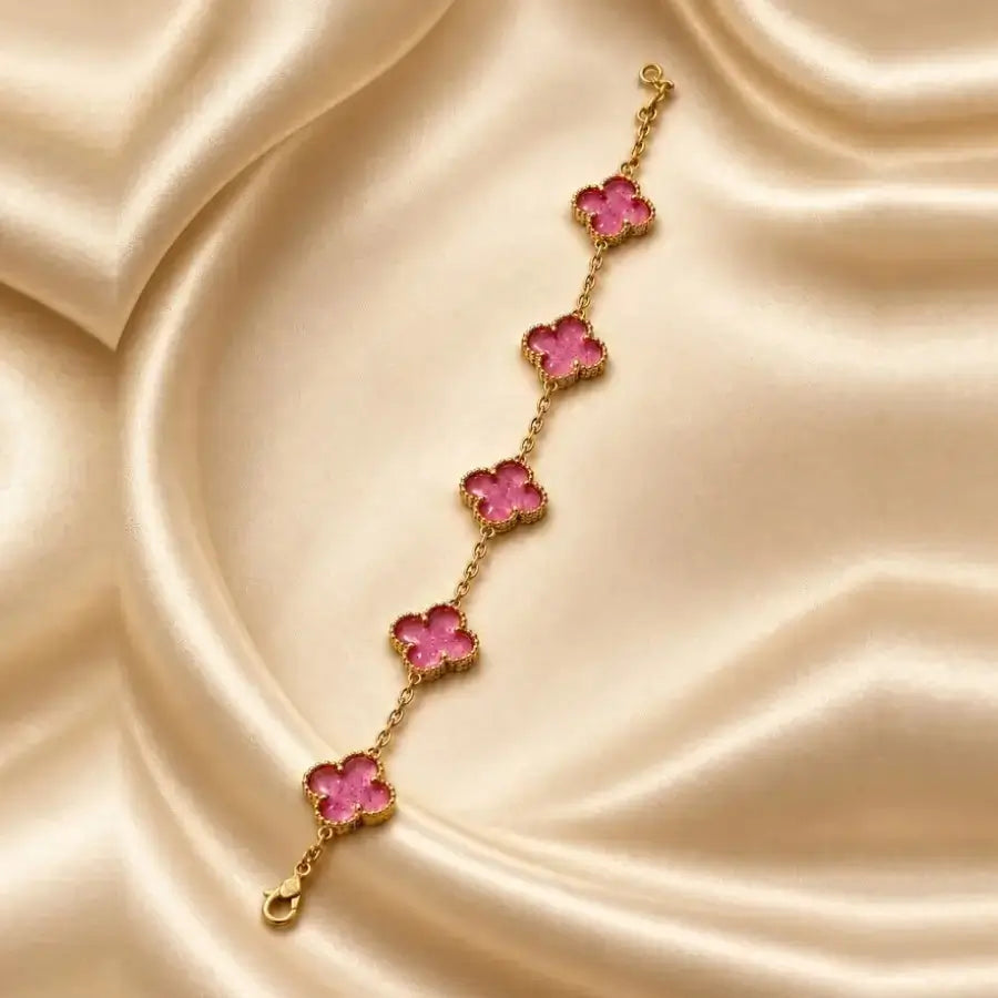 18K Gold Plated Charm Bracelet with Pink Clover Details