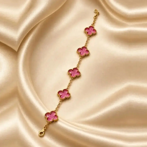 18K Gold Plated Charm Bracelet with Pink Clover Details