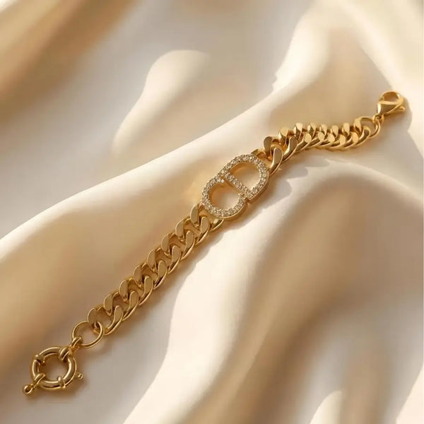 Gold Plated Cuban Chain Bracelet with Crystal Emblem Center
