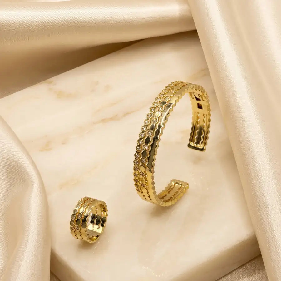 Gold Plated Cuff Bracelet & Ring Set