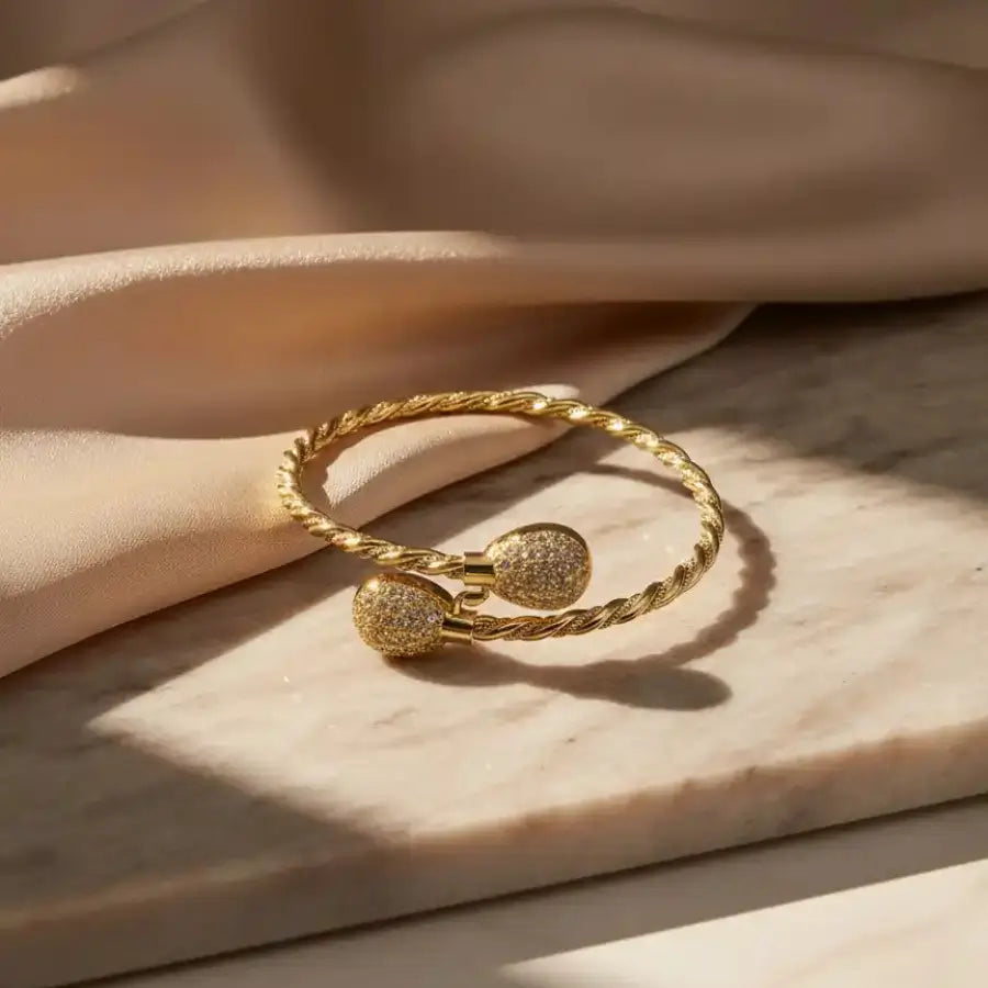 Gold Plated Cuff Bracelet with Pavé Sphere Ends