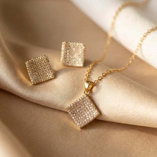 Gold Plated Necklace Set with Earrings – Geometric Square 