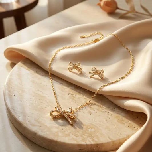 Gold Plated Necklace Set with Earrings – Ribbon Knot