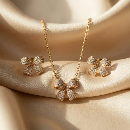 Gold Plated Necklace Set with Earrings – Sparkling Bowknot