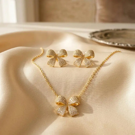 Gold Plated Necklace Set with Earrings – Sparkling Bowknot