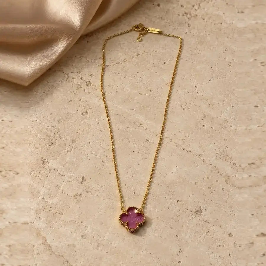 18K Gold Plated Necklace with Pink Clover Pendant