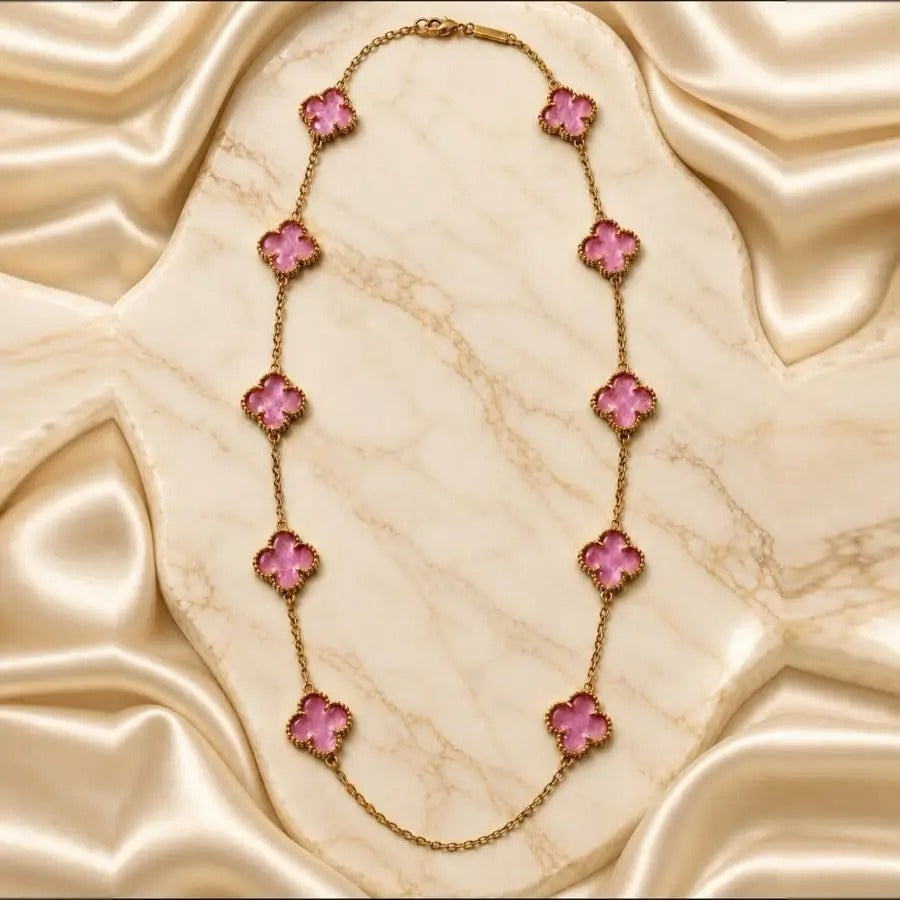 18K Gold Plated Necklace with Pink Clover Details