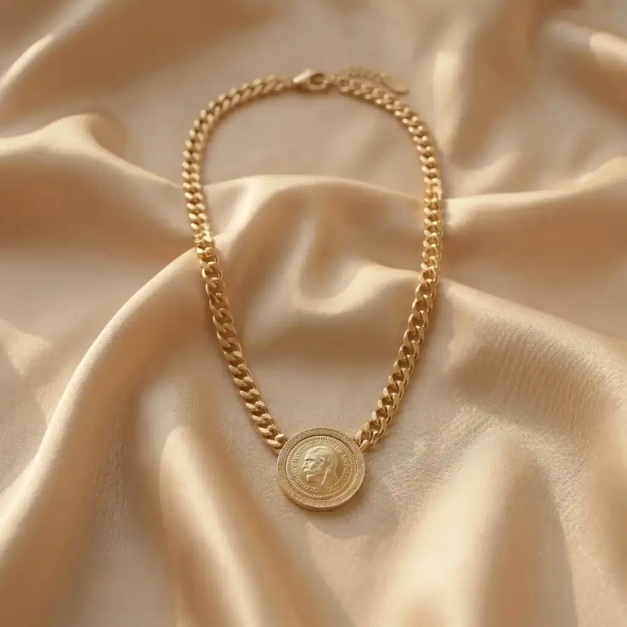 Gold Plated Necklaces for Women – Vintage Coin Zircon Halo Edition