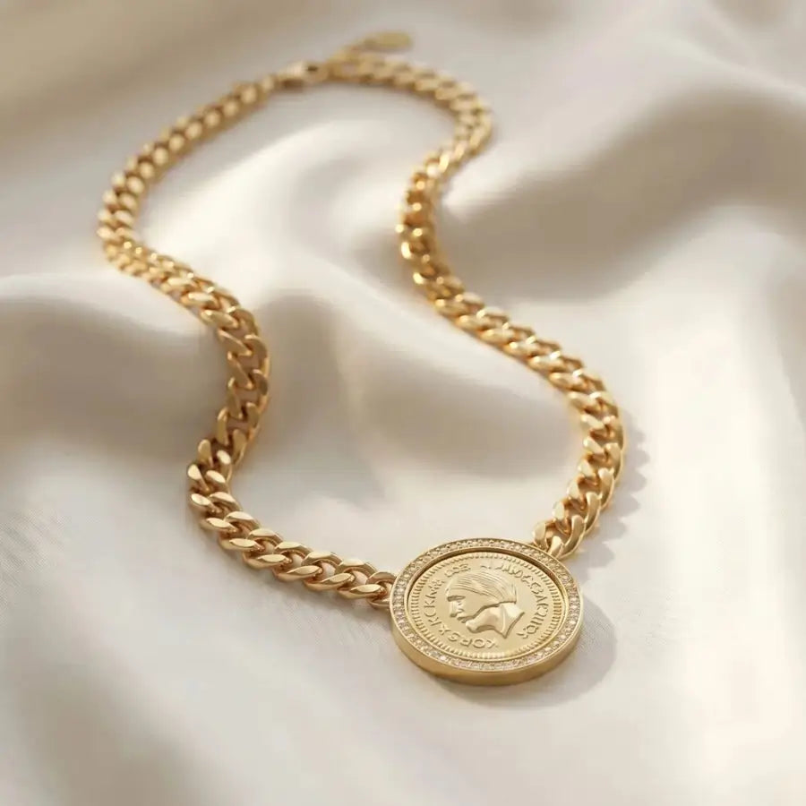 Gold Plated Necklaces for Women – Vintage Coin Zircon Halo Edition