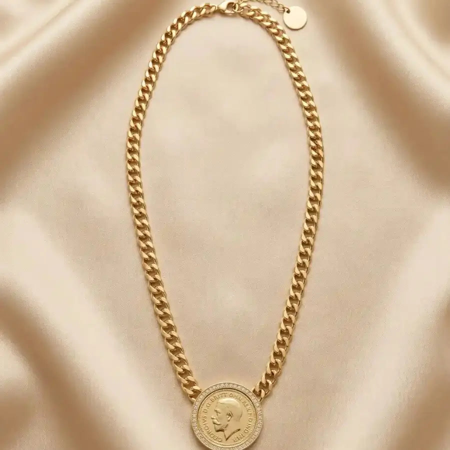 Gold Plated Necklaces for Women – Vintage Coin Zircon Halo Edition