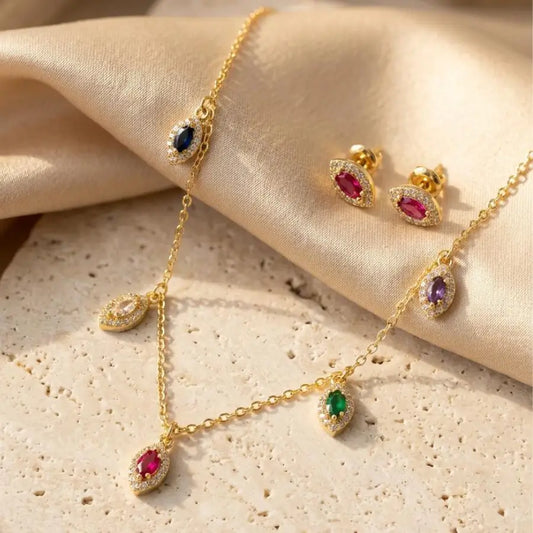 Gold Plated Pendant Necklaces – Gemstone Jewelry Set – Gold
