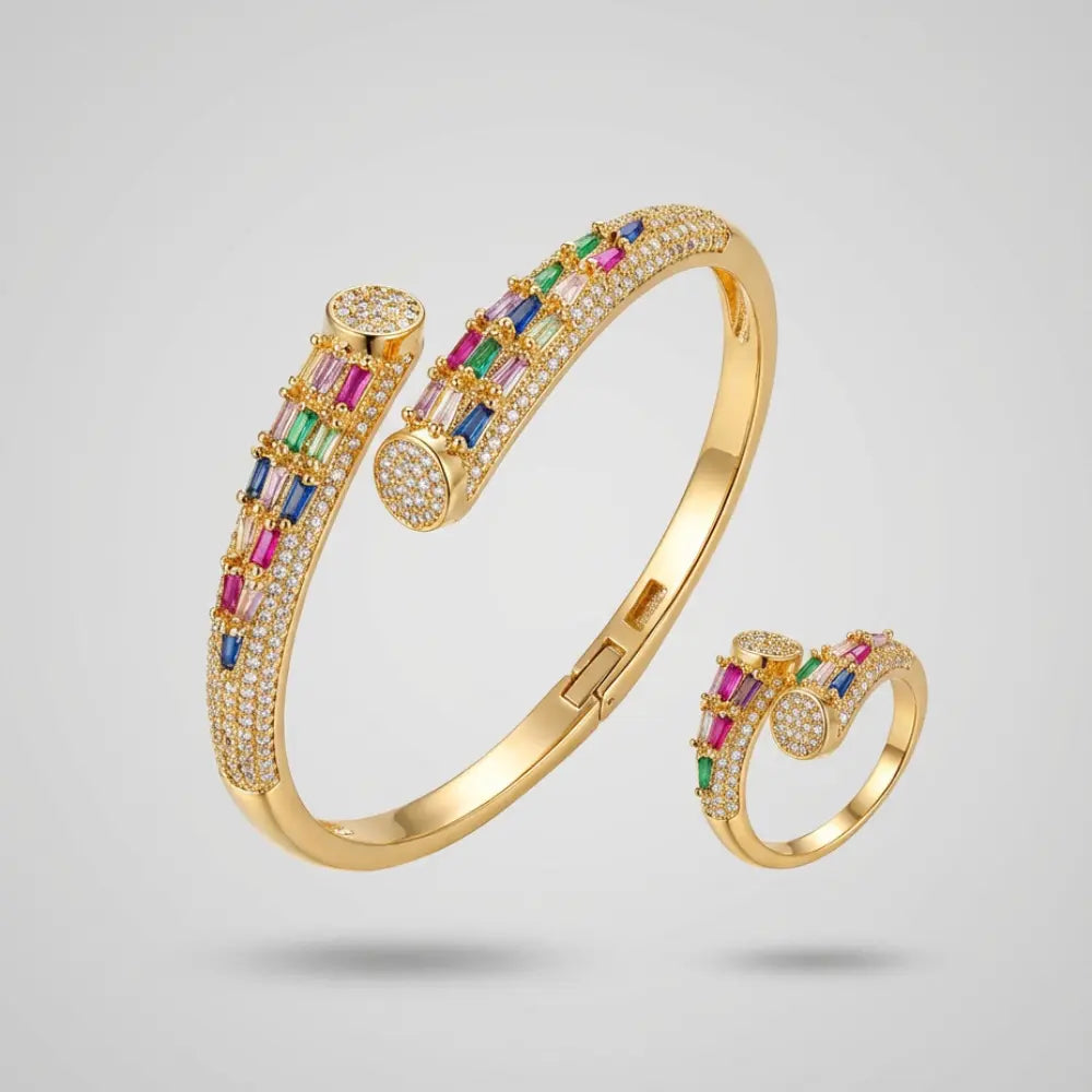 Gold Plated Rainbow Crystal Baguette Cuff Bangle Ring Set_1