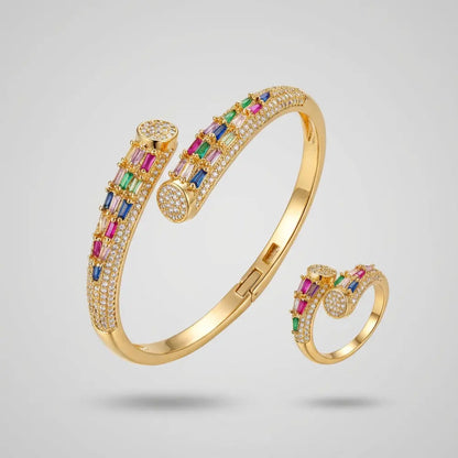 Gold Plated Rainbow Crystal Baguette Cuff Bangle Ring Set_1