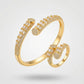 Gold bracelet and ring set embellished with baguette and round-cut diamonds.