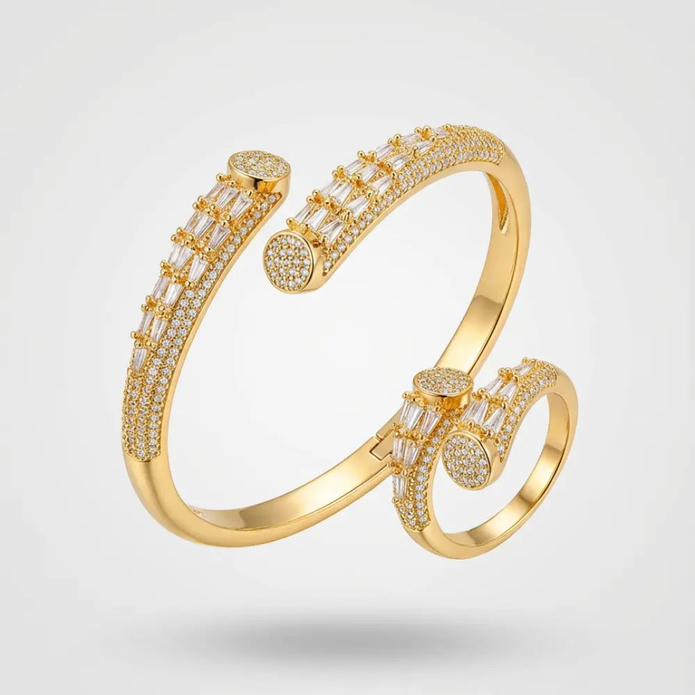 Gold bracelet and ring set embellished with baguette and round-cut diamonds.