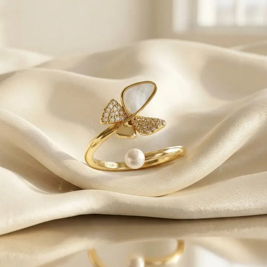 Gold Plated Ring for Ladies with Butterfly and Pearl Design