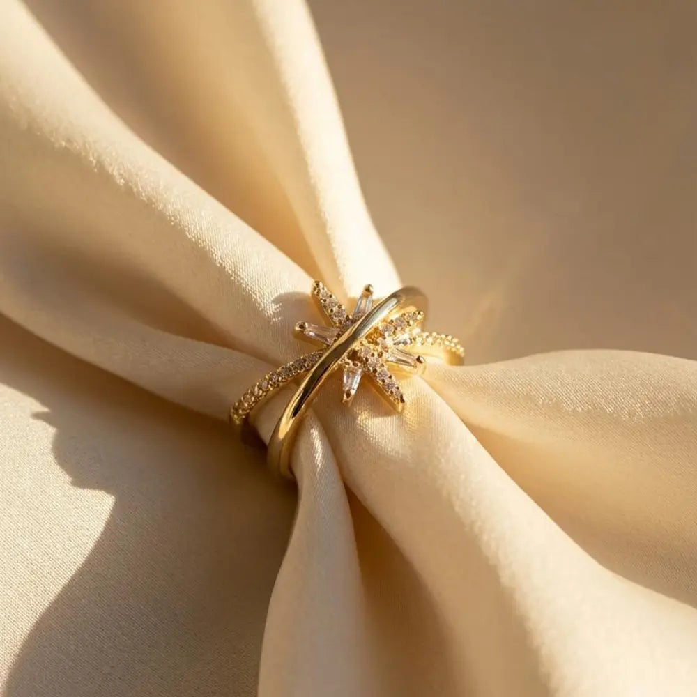 Gold Plated Ring for Ladies with Crossed Sparkling Design