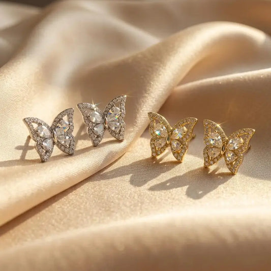 Luxury Zirconia Butterfly Stud Earrings - Gold and Silver