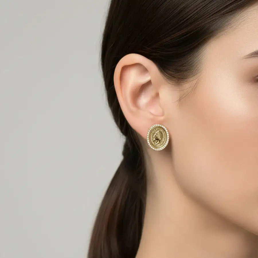14K Gold Plated Stud Earrings with Oval Coin Design