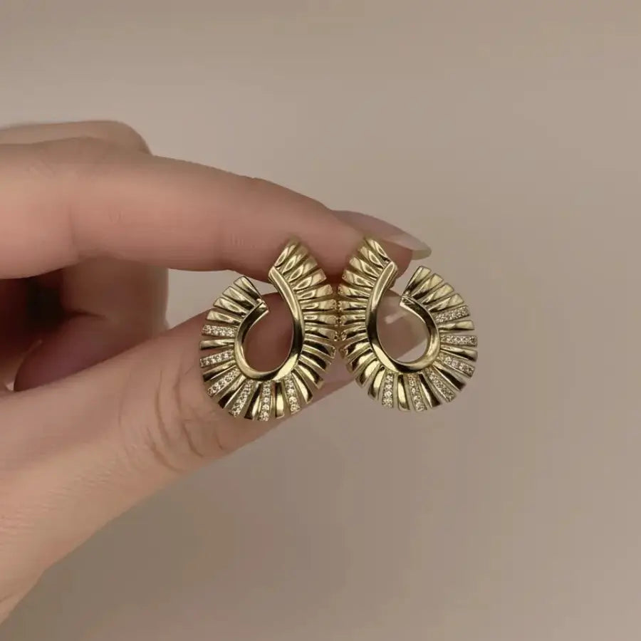 14K Gold Plated Stud Earrings with Textured Open Curve Design