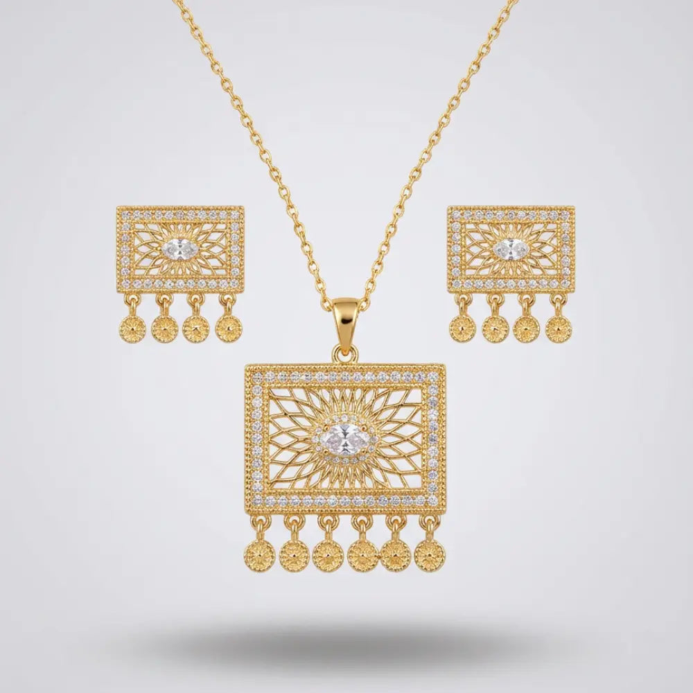 Gold Plated Traditional Arabic Necklace & Earring Set on a light gray background