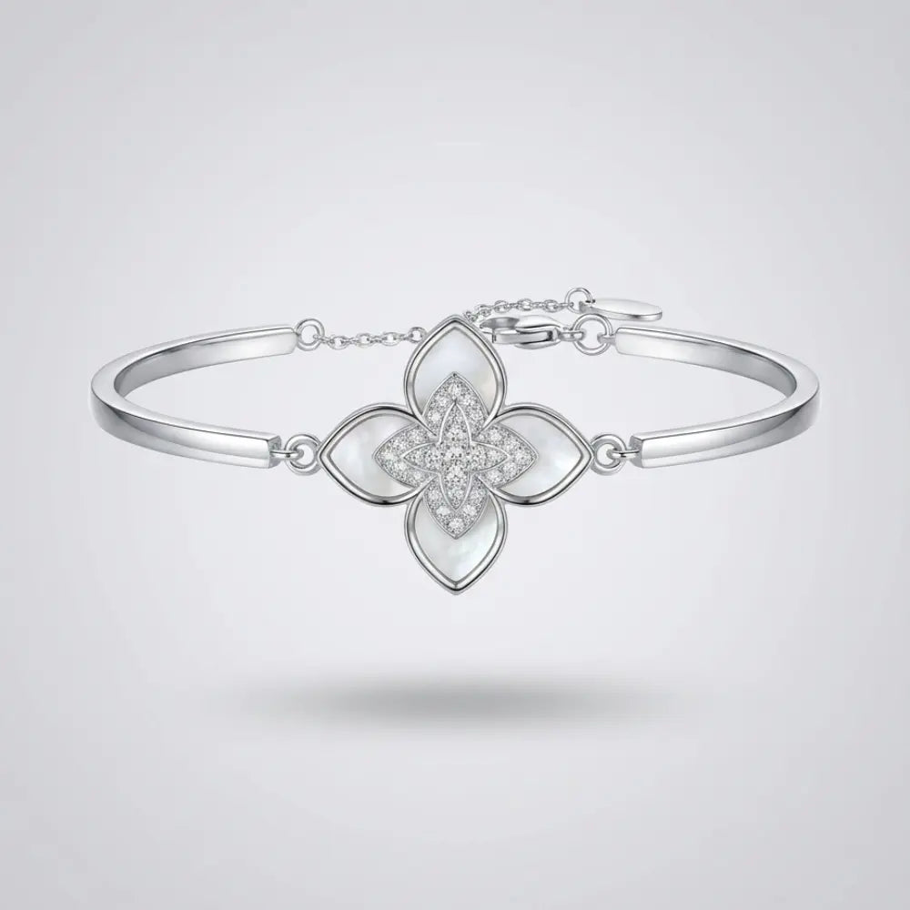 Silver Mother of Pearl Clover Flower Bangle