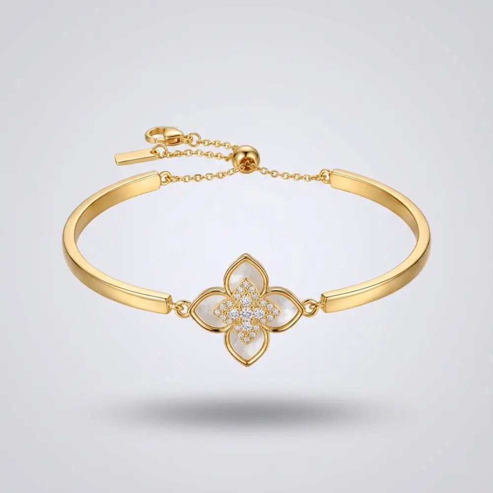 Gold Plated Mother of Pearl Clover Flower Bangle