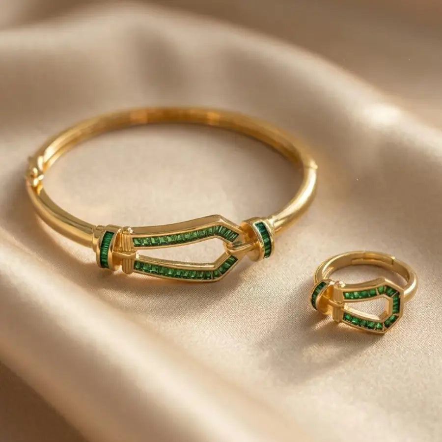 Gold Plated Horse Hoof Bracelet and Ring Jewelry Set - Green