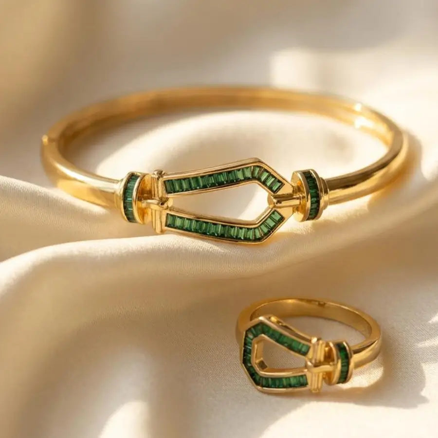 Gold Plated Horse Hoof Bracelet and Ring Jewelry Set - Green