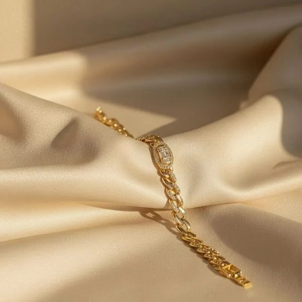 Iced-Out Gold Cuban Link Bracelet – Baguette Box Clasp