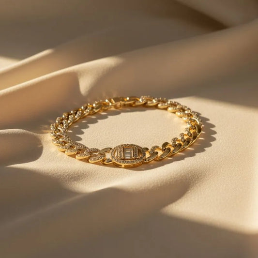 Iced-Out Gold Cuban Link Bracelet – Baguette Box Clasp