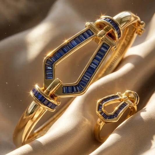 Gold Plated Horsehoof Bangle and Ring Jewelry Set - Dark Navy