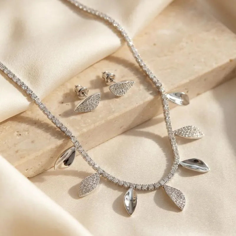 Leaf-Shaped Zircon Necklace and Earring Jewelry Set Silver