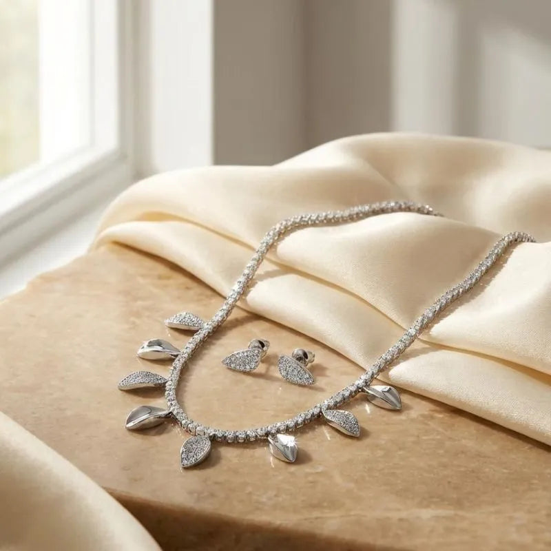 Leaf-Shaped Zircon Necklace and Earring Jewelry Set Silver