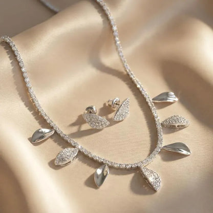 Leaf-Shaped Zircon Necklace and Earring Jewelry Set Silver