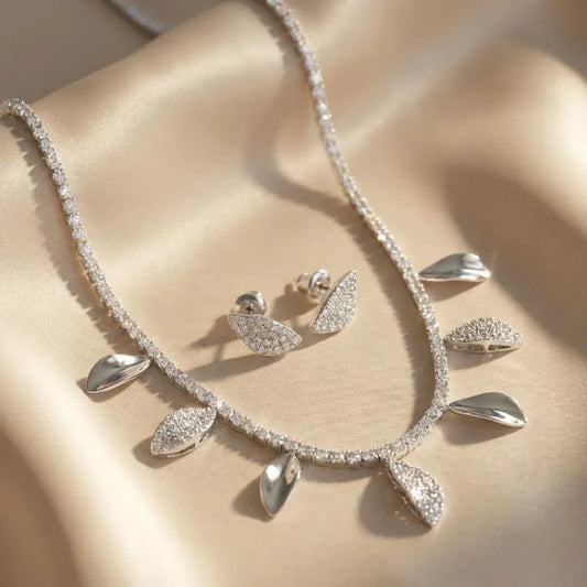 Leaf-Shaped Zircon Necklace and Earring Jewelry Set Silver