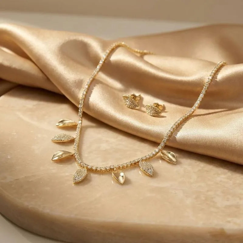 Leaf-Shaped Zircon Necklace and Earring Jewelry Set Gold