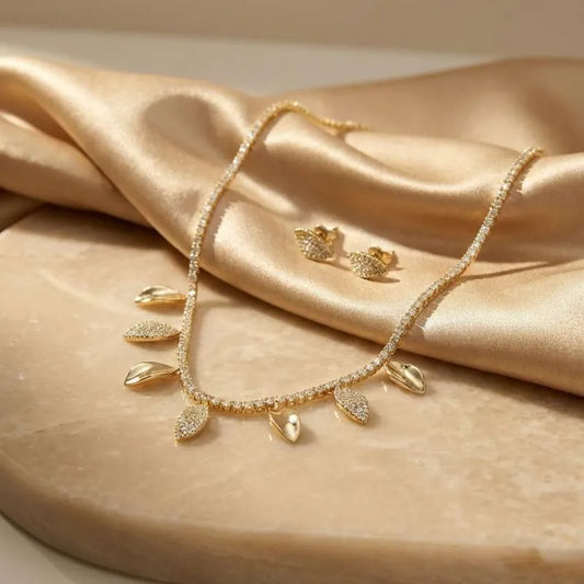 Leaf-Shaped Zircon Necklace and Earring Jewelry Set Gold